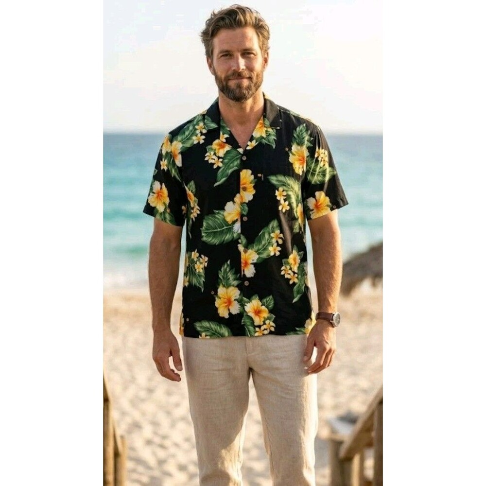 Aloha Fashion Hawaiian Shirt Size XXXL Button Black Floral  Pocket Cotton